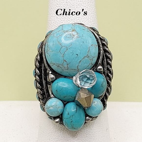 Chico’s Faux Turquoise Beaded Adjustable Ring Silver Tone Cluster Dome Size 8 - Picture 1 of 13